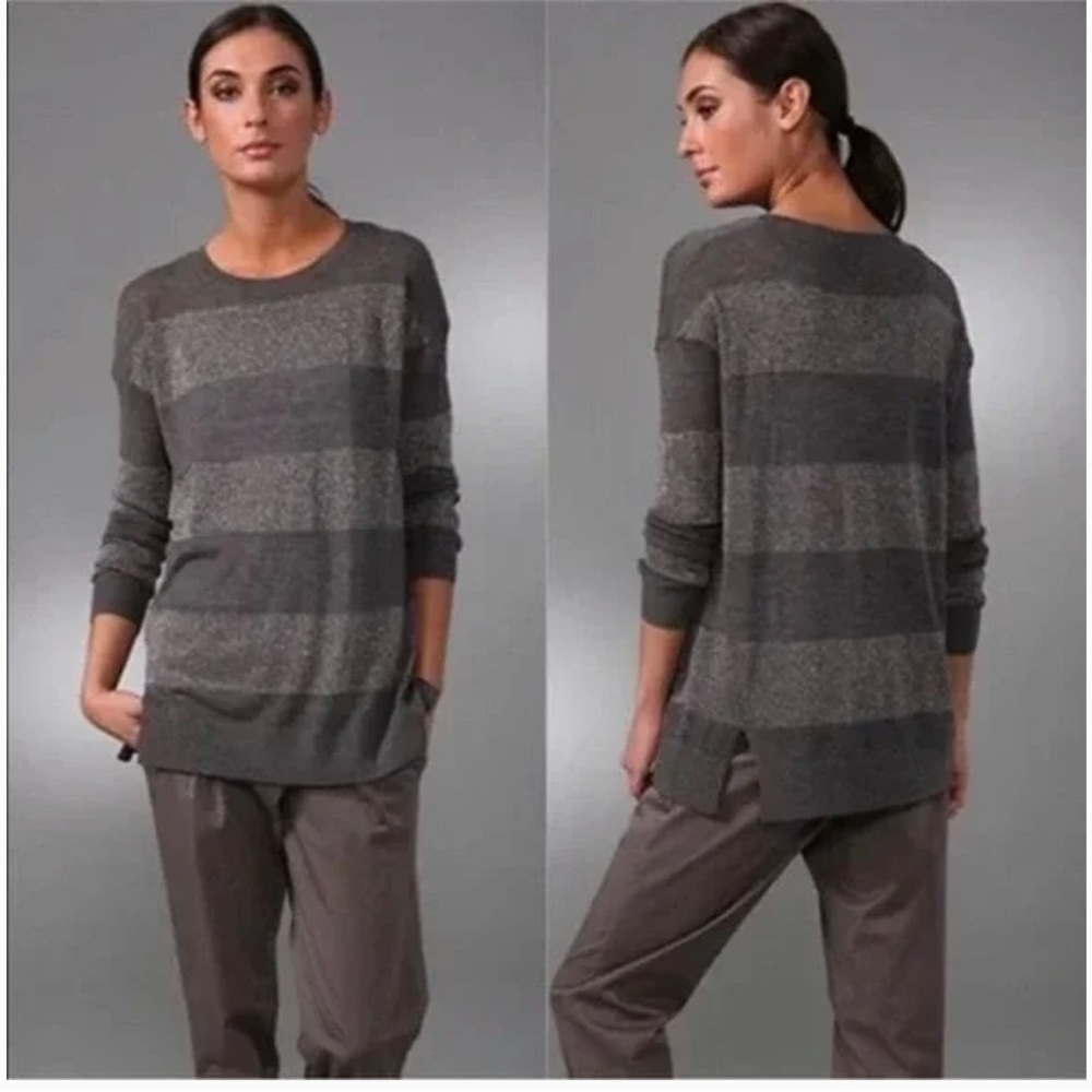 Vince Gray Metallic Rugby Stripe Scoop Neck Cashmere Tunic Sweater Sz XS